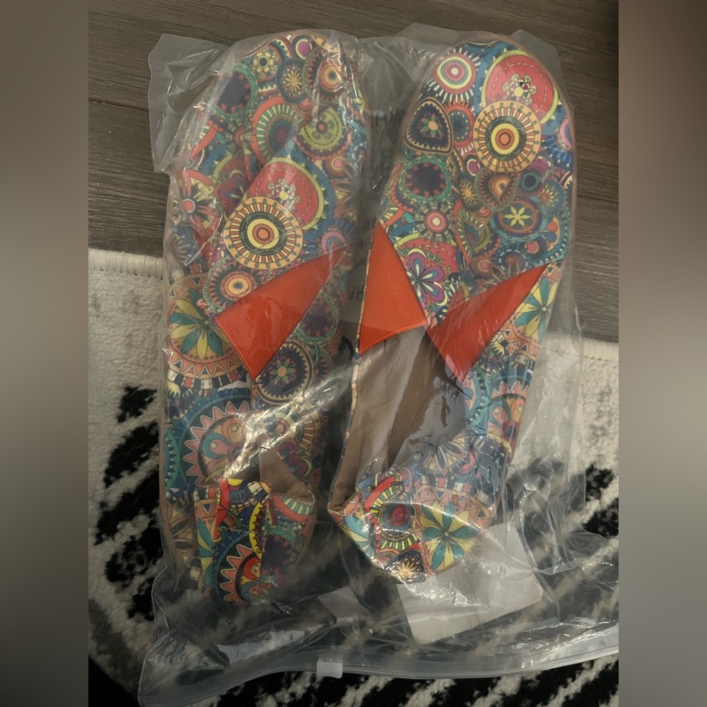 Colorful Patterned Slip On Shoes with Orange Accents NWT